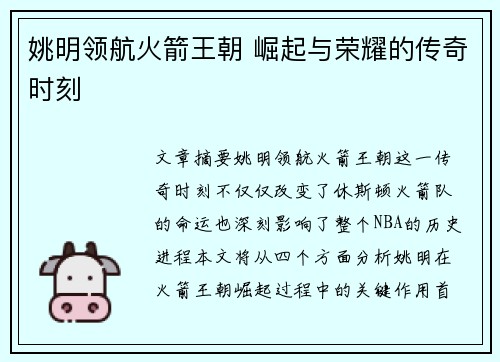 姚明领航火箭王朝 崛起与荣耀的传奇时刻