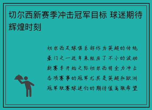 切尔西新赛季冲击冠军目标 球迷期待辉煌时刻